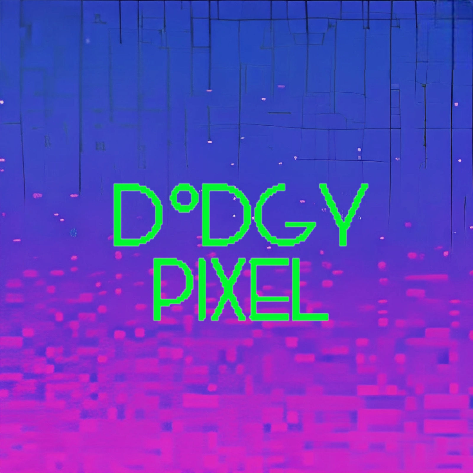 Dodgy Pixel Logo. Green pixelated text that says 'Dodgy Pixel' on a purple and blue gradient of broken pixles.